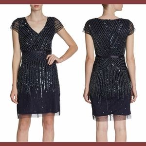 NEW Adrianna Papell Mesh‎ Overlay Embellished Dress in Navy Blue [SZ 6 ]